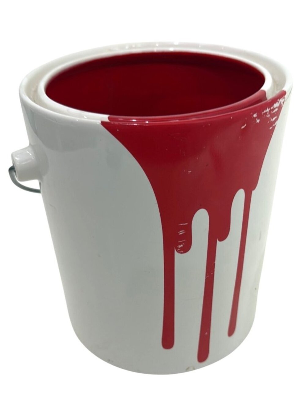 Ceramic Red & White Paint Drip Can Bucket Design Vase Utensil Holder Handle